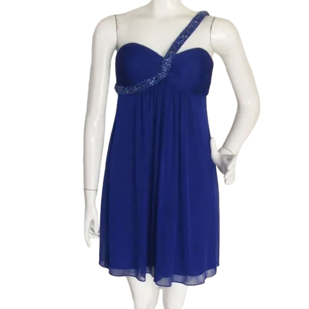 CACHE Evening Dress, XS/S, Blue, Mini, 1 strap, Beaded/Loose, Chiffon
